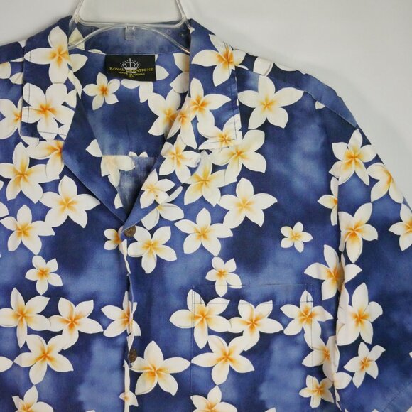 Royal Creations Mens SIze XL Hawaiian Shirt Blue Plumeria Floral Button Up VTG - Picture 2 of 11